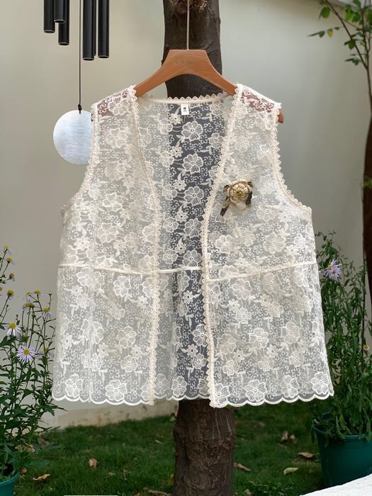 9032夏款刺绣蕾丝休闲短款透气马甲韩版宽松百搭