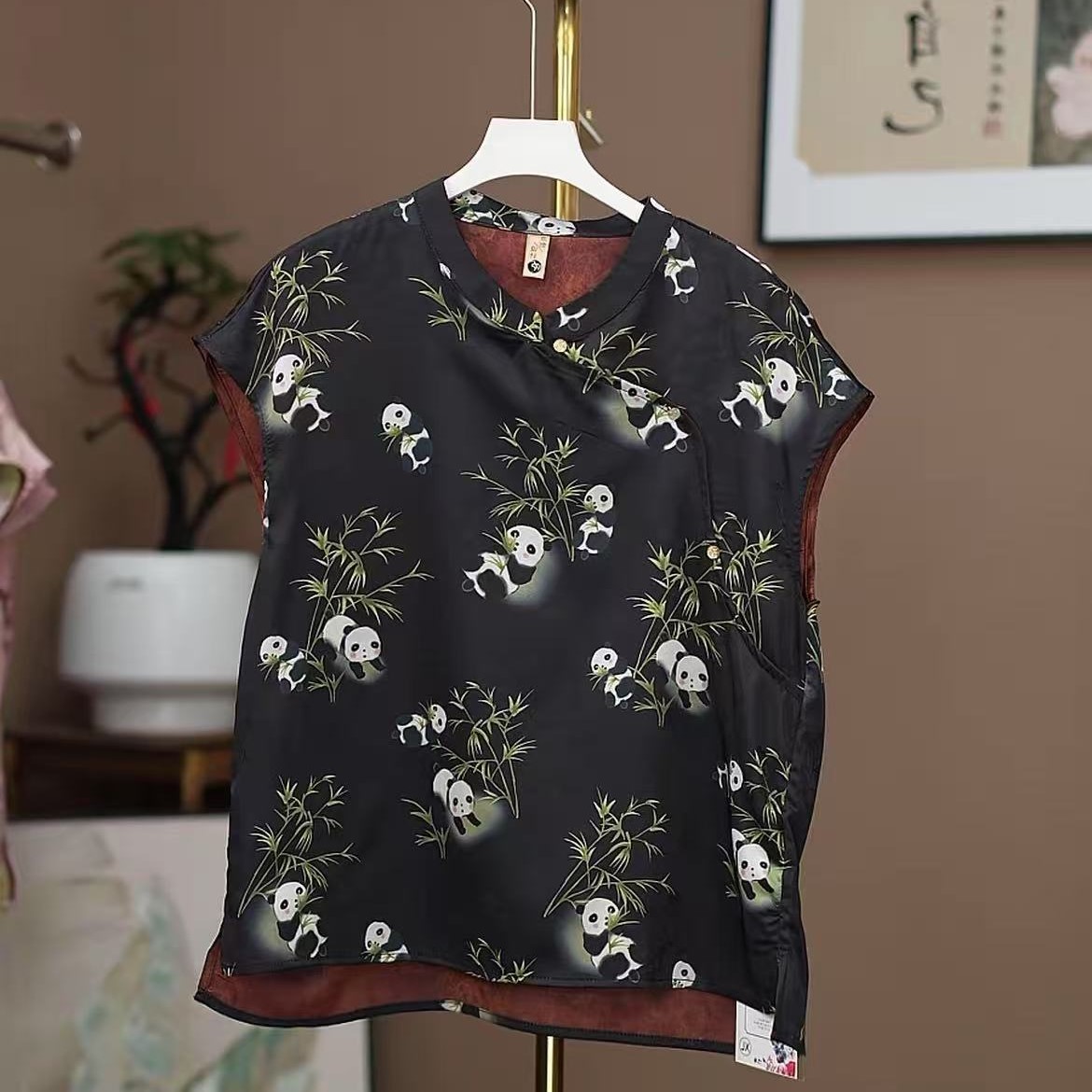 【竹叶熊猫】新款新中式小飞袖提花气质上衣百搭夏季印花民族风