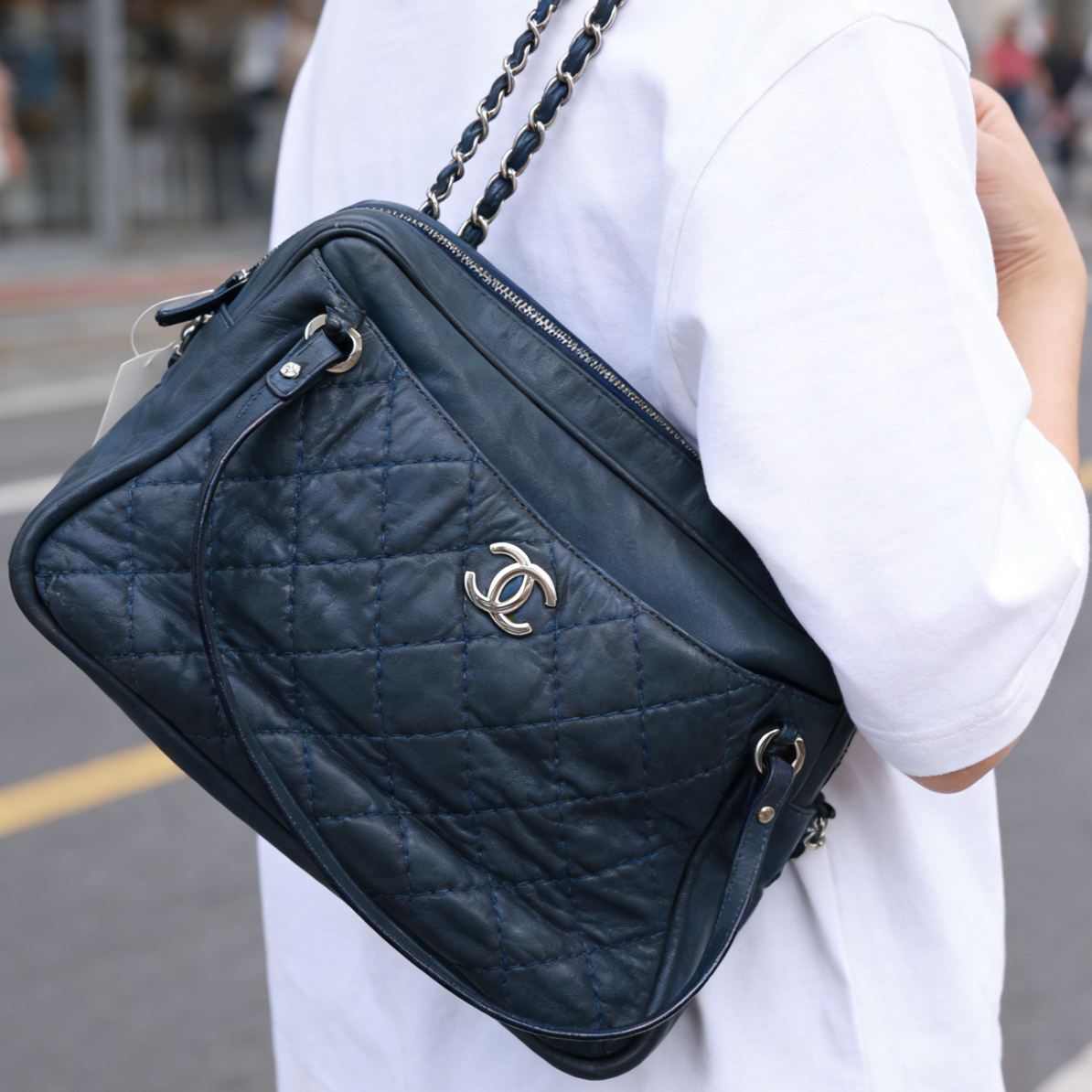 95新 Chanel/香奈儿 海军蓝菱格纹相机包单肩斜挎包65729289