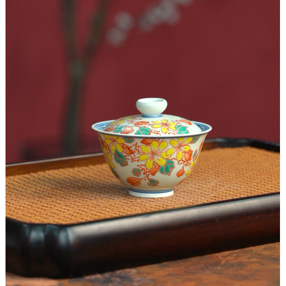 【景德镇雨溪山房】红绿彩铁线兰盖碗yxhlc00054陶瓷