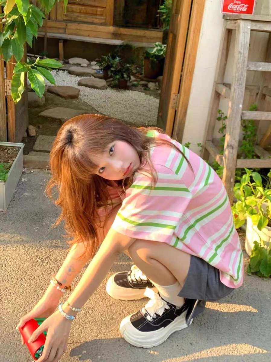 夏日减龄微胖美式粉色条纹T大码女生微胖女生t恤百搭