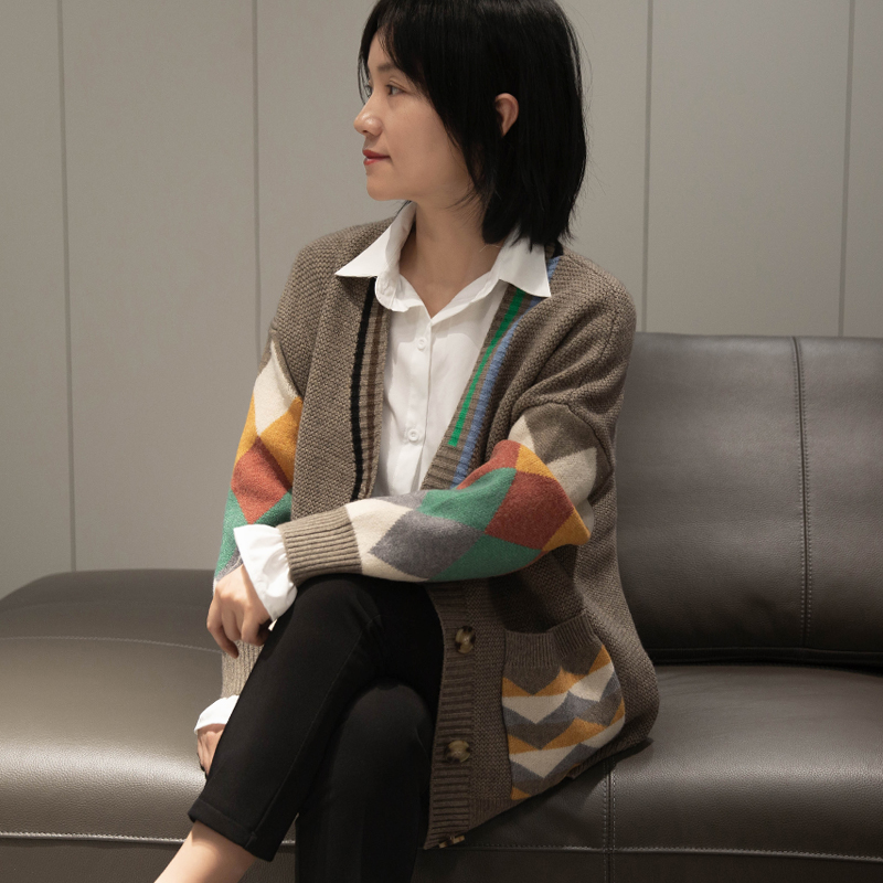 宽松开衫女长袖针织衫春秋慵懒风拼色口袋毛衣外套
