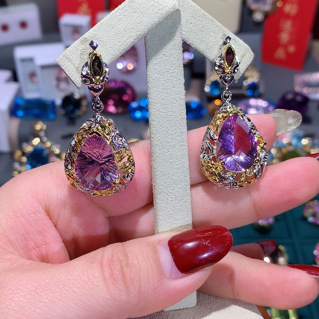 水晶耳饰银S925镶嵌耳饰