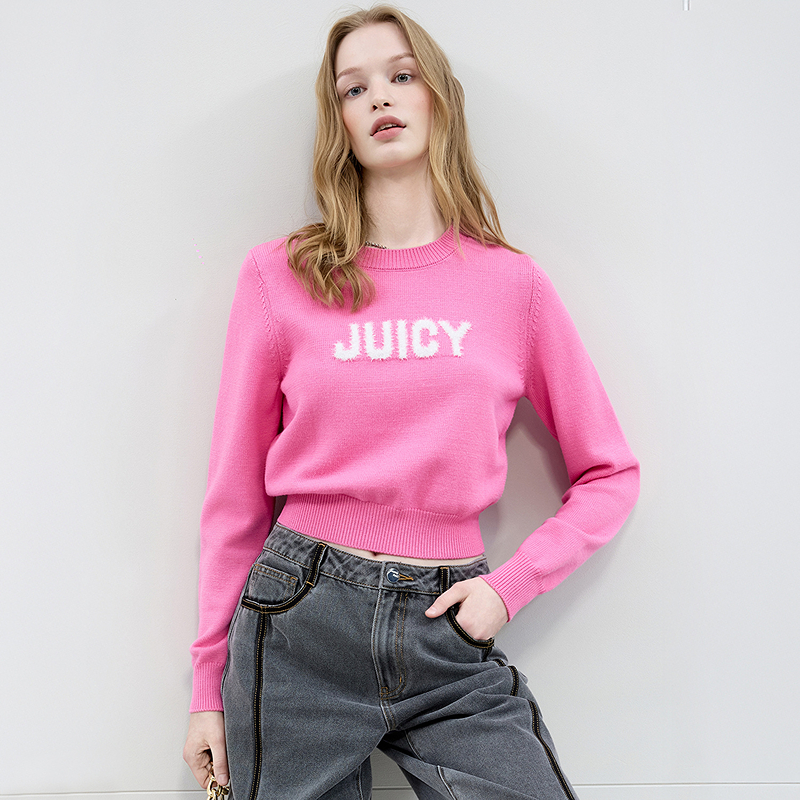 Juicy Couture橘滋针织衫女25秋新款提花图案修身圆领洋气短毛衣
