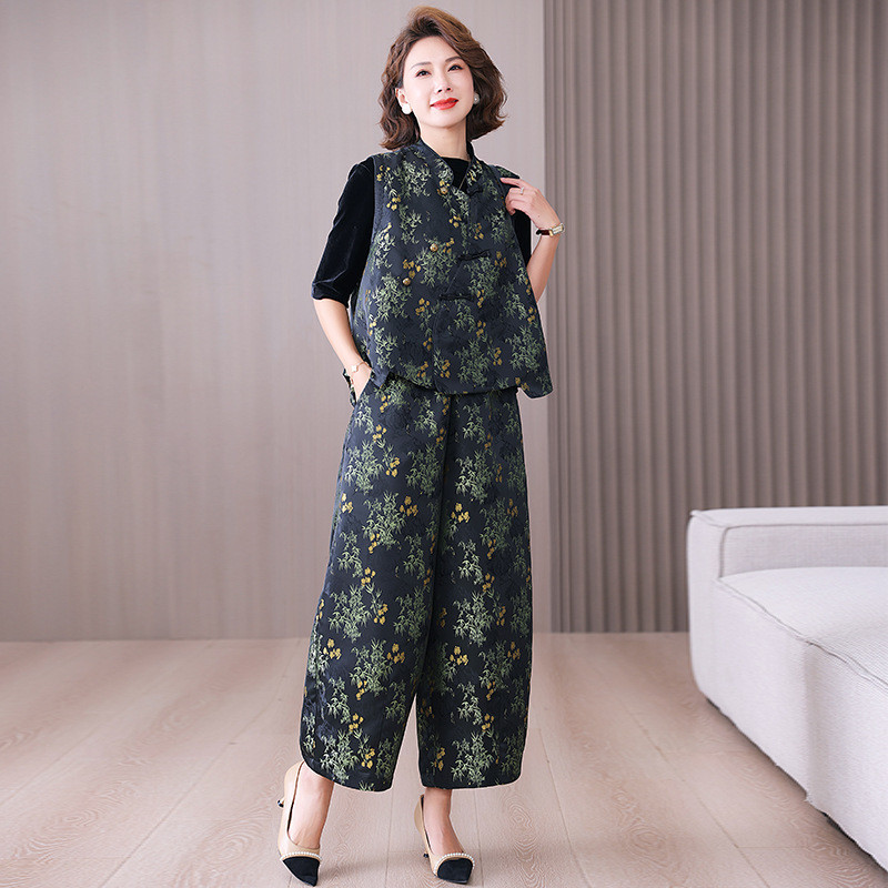 2025春季新款国风盘扣唐装女无袖马甲+提花阔腿裤两件套套装