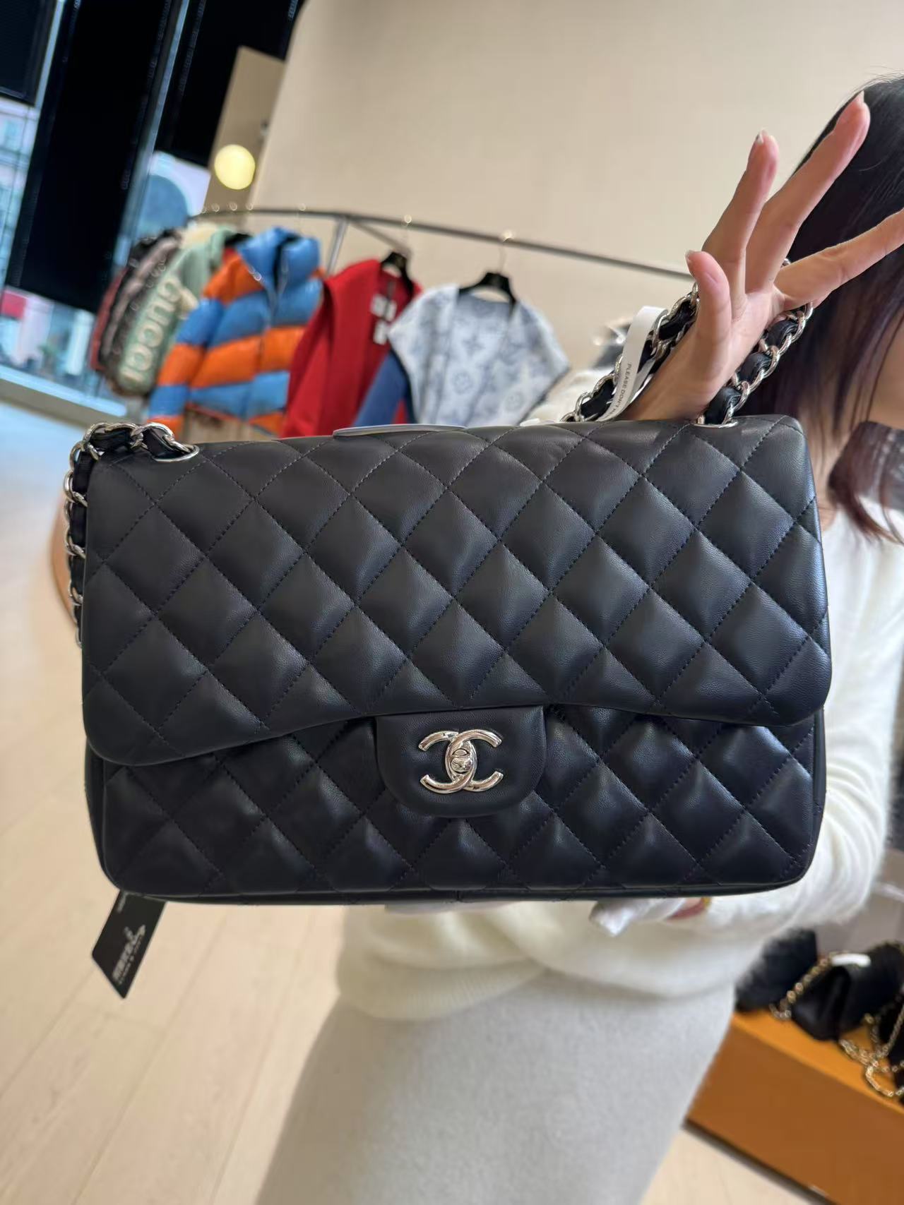99新 Chanel/香奈儿 黑银羊皮jumbo单肩包/BA2345992