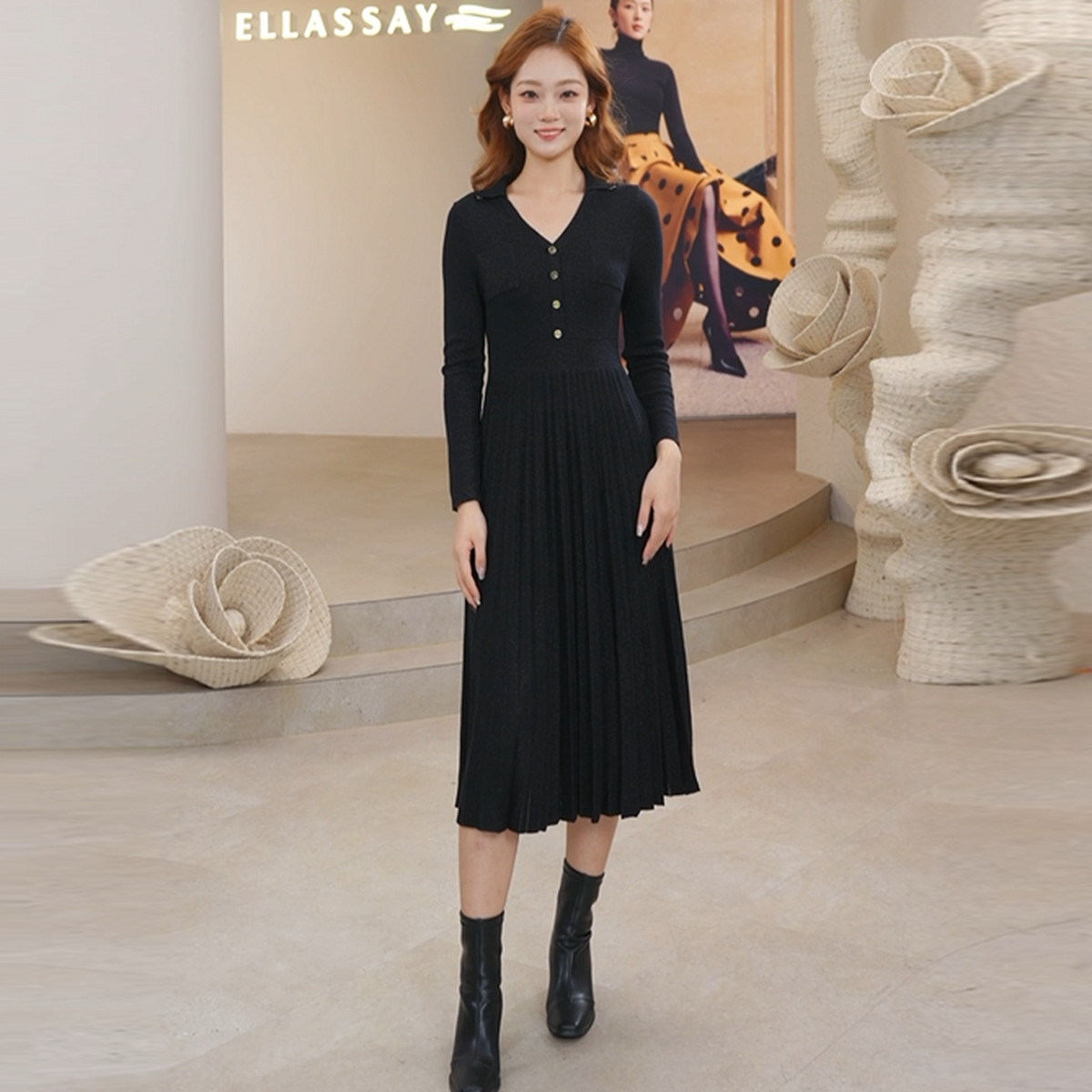 【达人专享】ELLASSAY修身中长款针织连衣裙女EWD333M02200