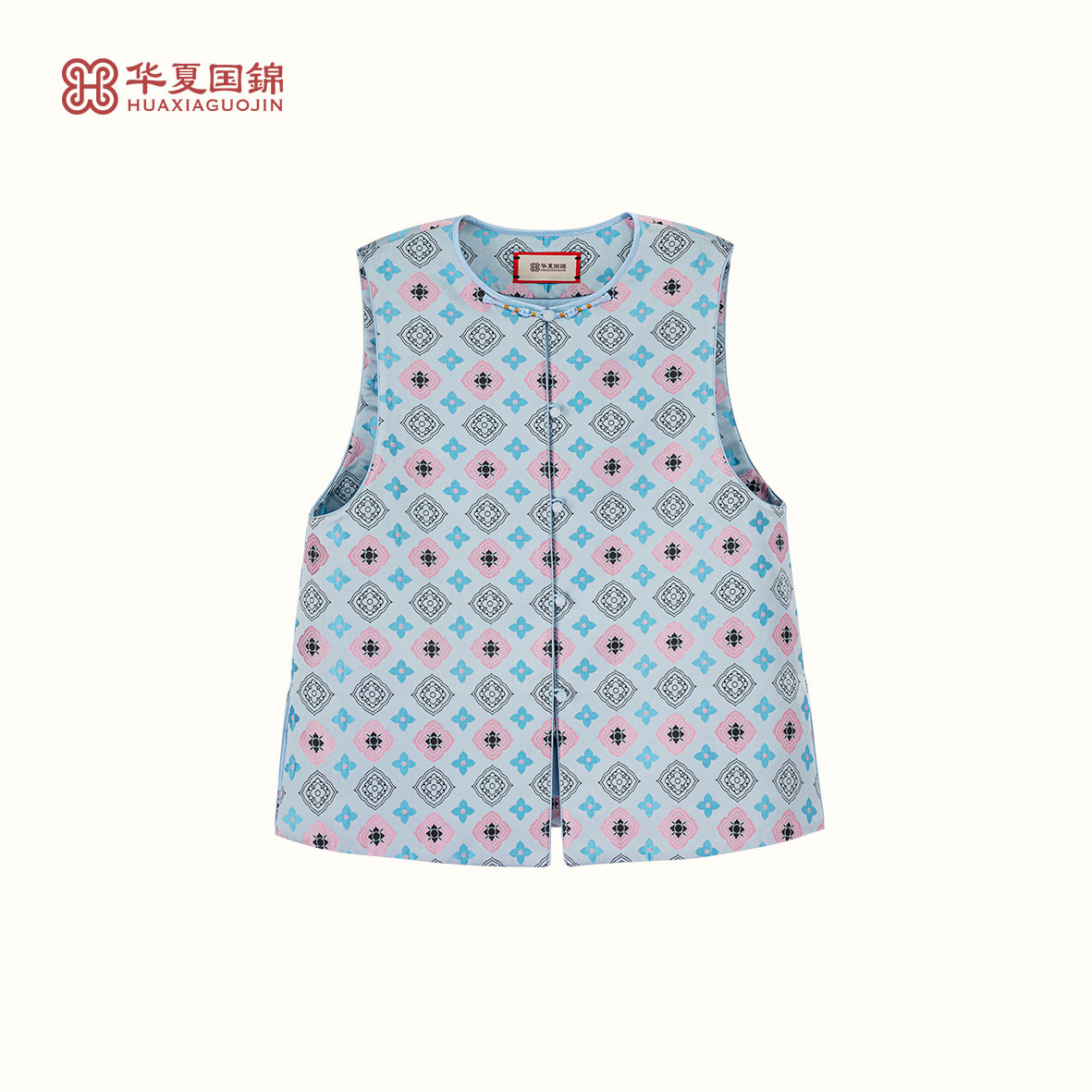 【菱花】米色柿蒂老花纹蜀锦棉马甲【四川工美蜀锦】