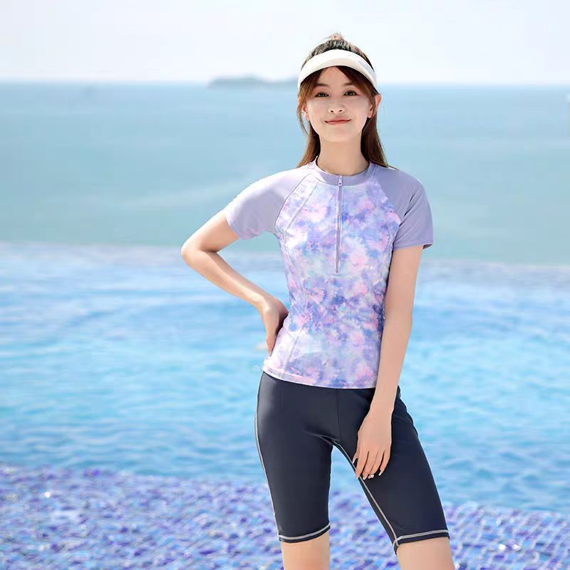 泳衣女2025新款印花分体式保守泡温泉女孩遮肚显瘦平角运动游泳装