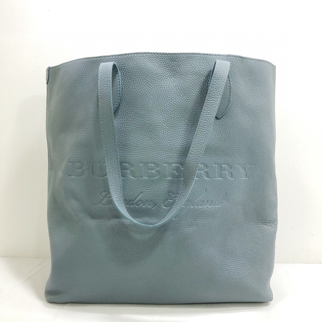 95新 BURBERRY/博柏利 巴宝莉雾霾蓝全皮荔枝纹logo托特包