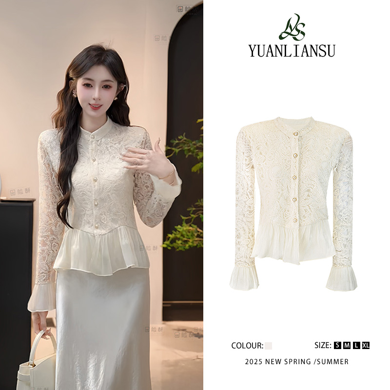 YUANLIANSU/圆脸酥【香槟玫瑰】春季法式蕾丝拼接荷叶边显瘦衬衫女