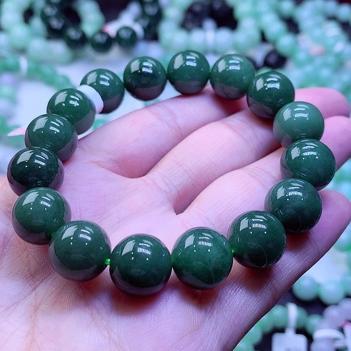 正品缅甸天然翡翠A货 老坑冰菠菜绿13手链精美时尚翡翠手串绿色
