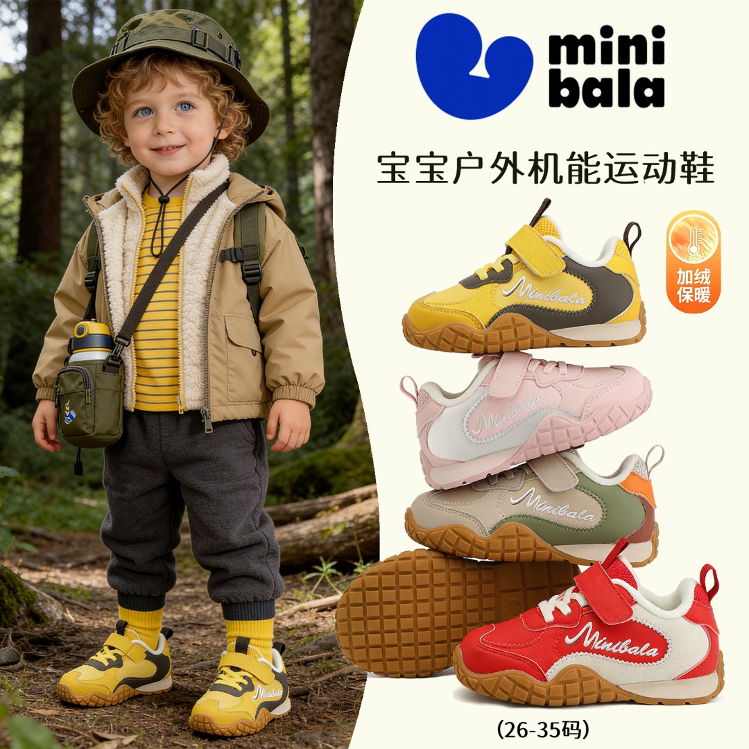 迷你巴拉儿童户外运动鞋男童鞋加绒保暖复古撞色高颜值户外宝宝鞋