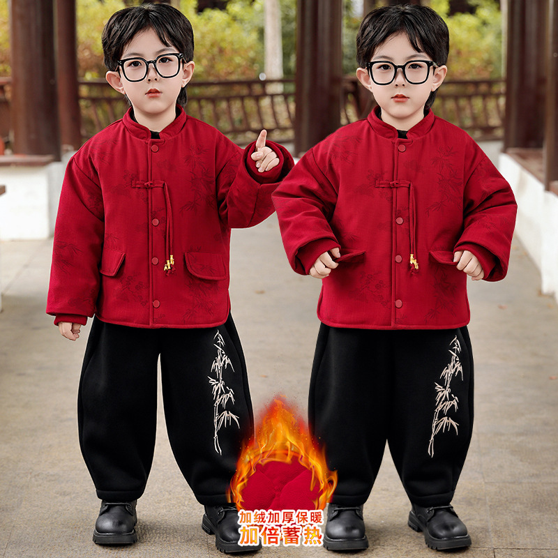 拜年服男宝宝冬季加绒加厚套装儿童过年喜庆衣服男童新年红色汉服