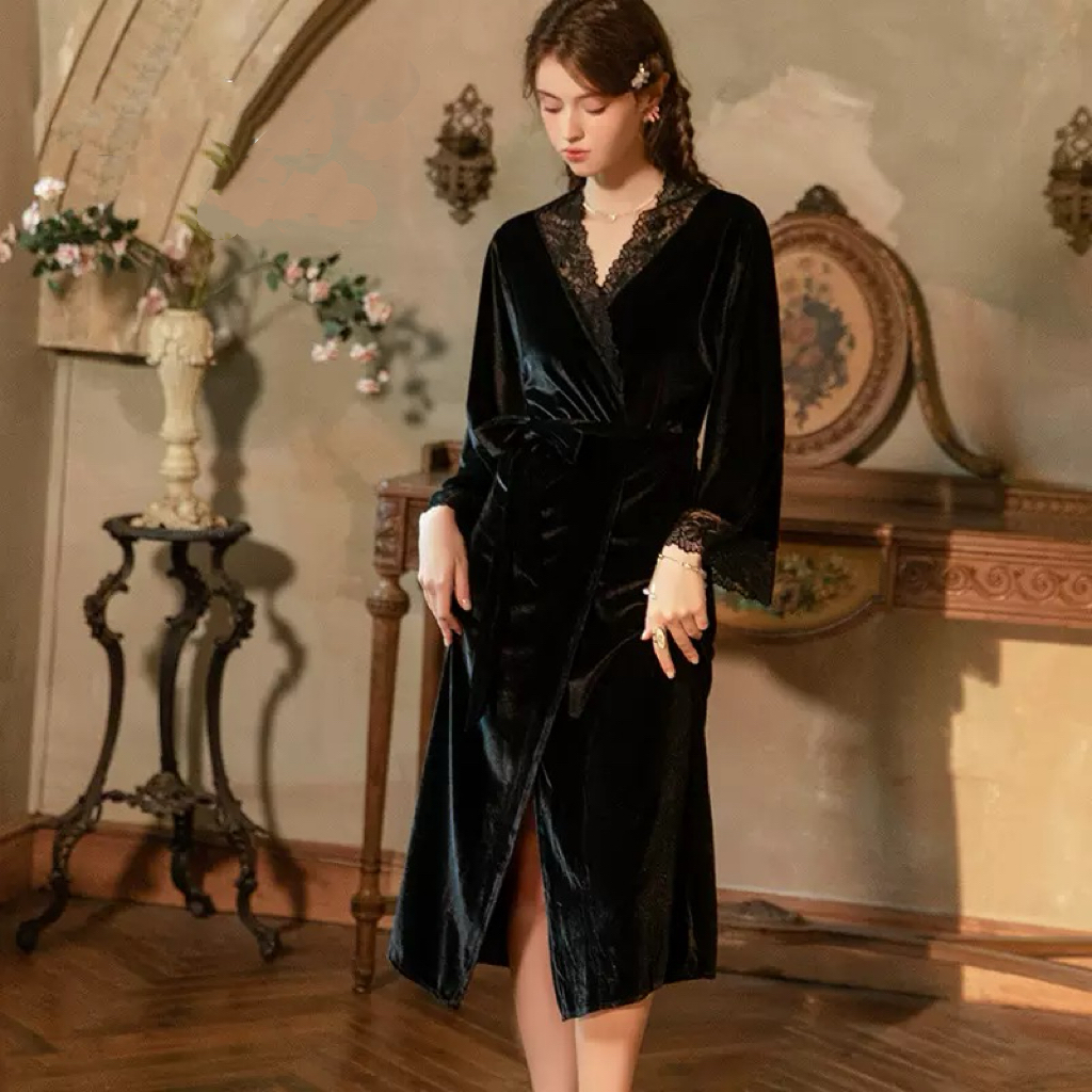 睡袍长袖秋冬季性感V领睡裙领型女气质秋冬开襟长款丝绒外袍