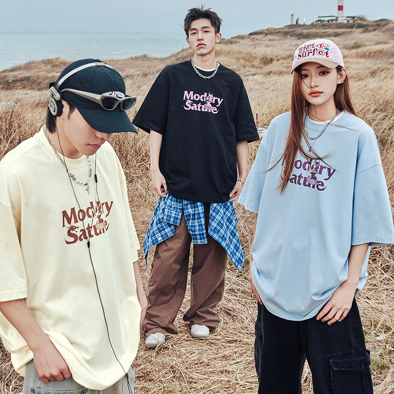 美式小龙女字母印花短袖男夏季休闲纯棉复古潮牌情侣T恤宽松半袖