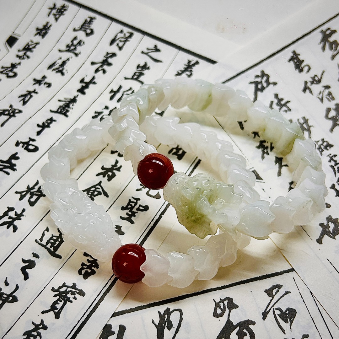 天然新疆玉石精美龙戏珠红珠龙鳞纹手串多样性发其一石英质玉Y947