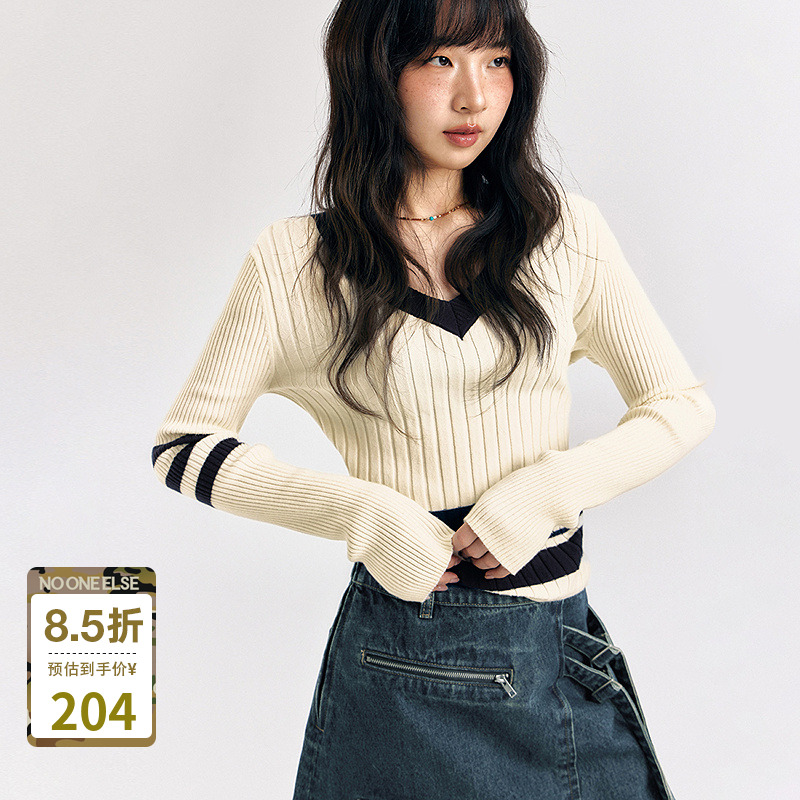 NO ONE ELSE美式复古女装撞色秋季V领坑条修身长袖毛衣条纹针织衫