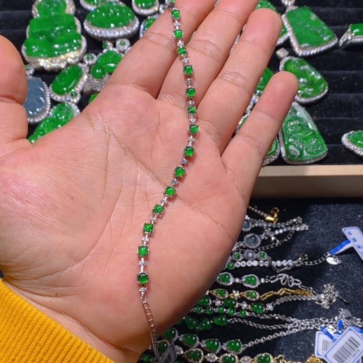 翡翠手链银S925镶嵌天然A货翡翠