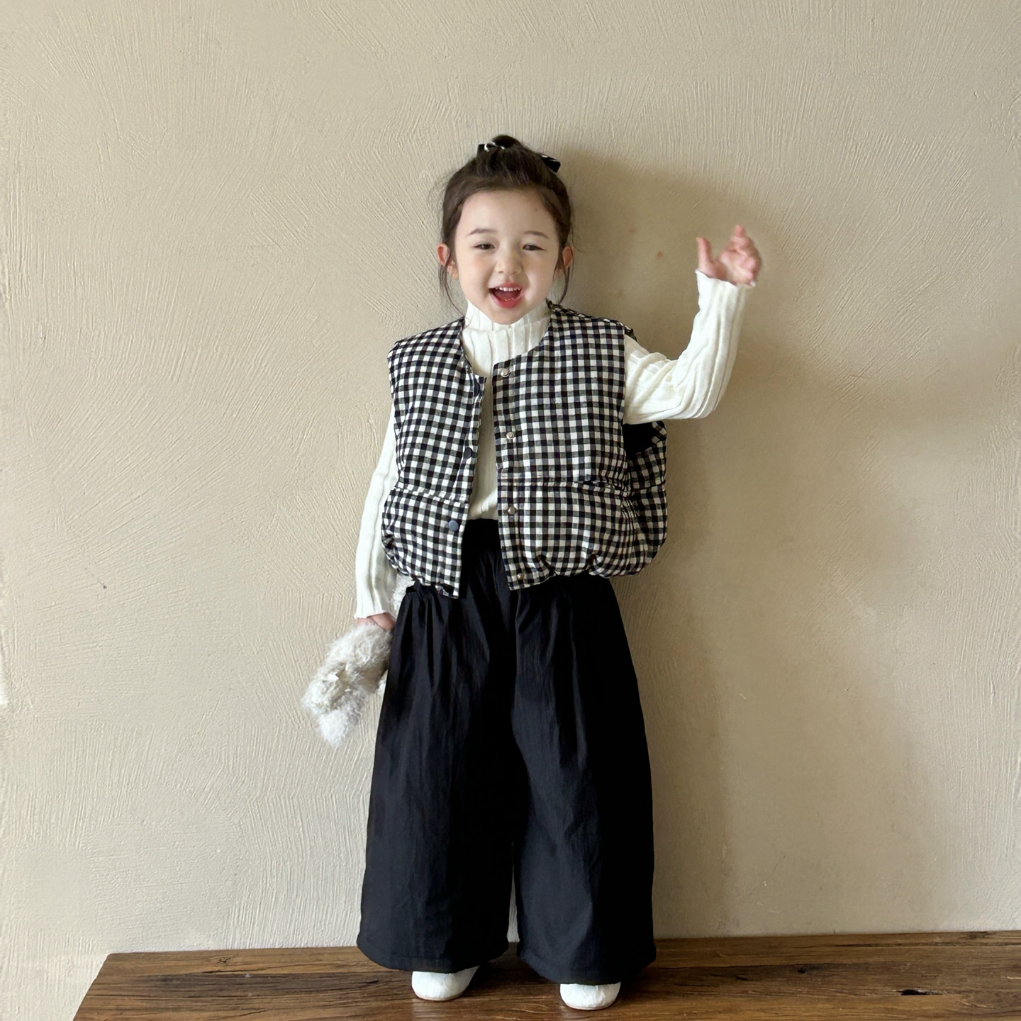 90-140女童格子棉马甲毛衣+棉裤