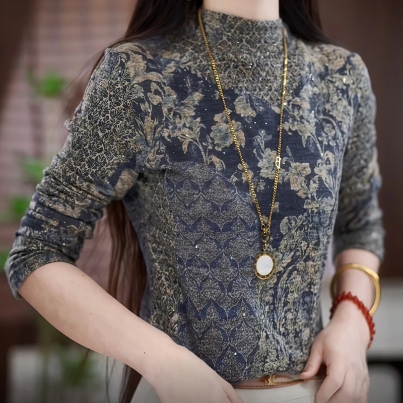 【洒银亮片】保暖印花打底衫长袖t恤秋冬季新款时尚半高领内搭上衣