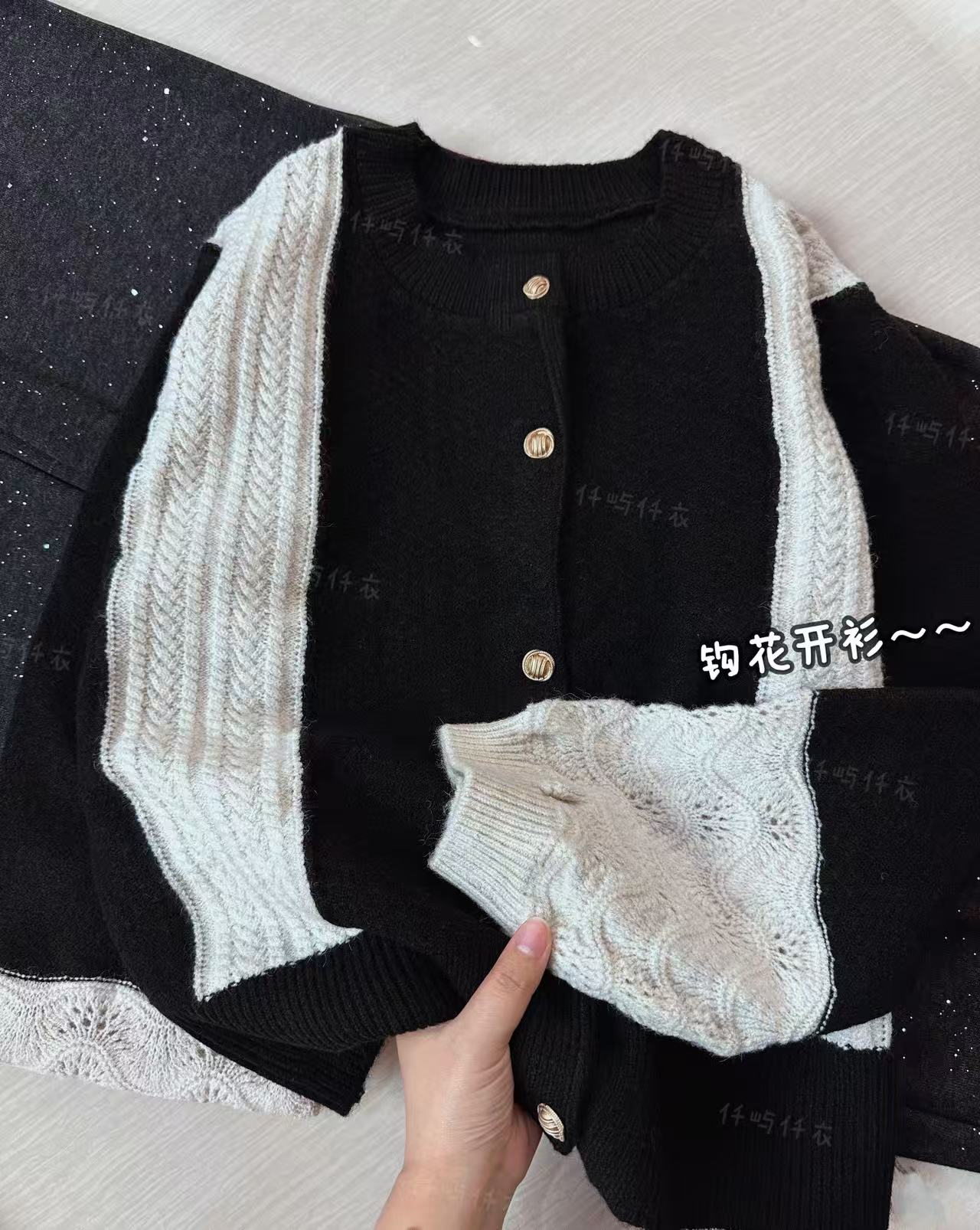 欧货开衫//气质小香风微泡袖钩花拼接时尚百搭撞色针织开衫122515