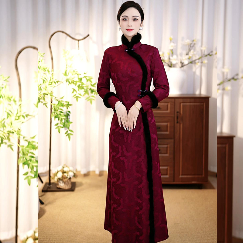 [Feel377]新款高端提花复古长袖中国风加绒加厚冬款旗袍连衣裙