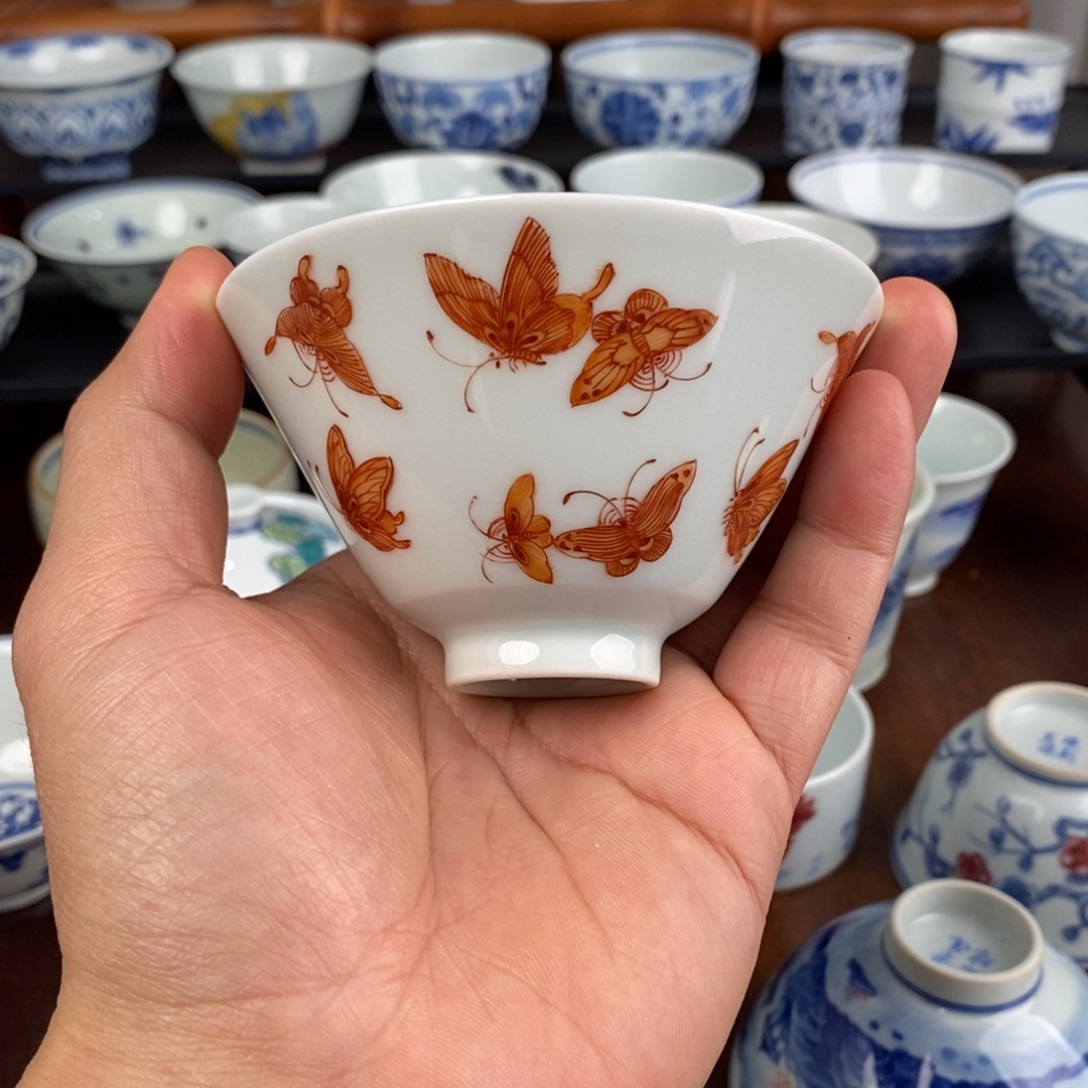 陶摆件矾红蝴蝶纹斗笠杯100ml