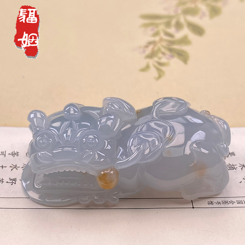 福姻翡翠霸王貔貅吊坠飘花玉貔貅天然A货挂件带证书缅甸