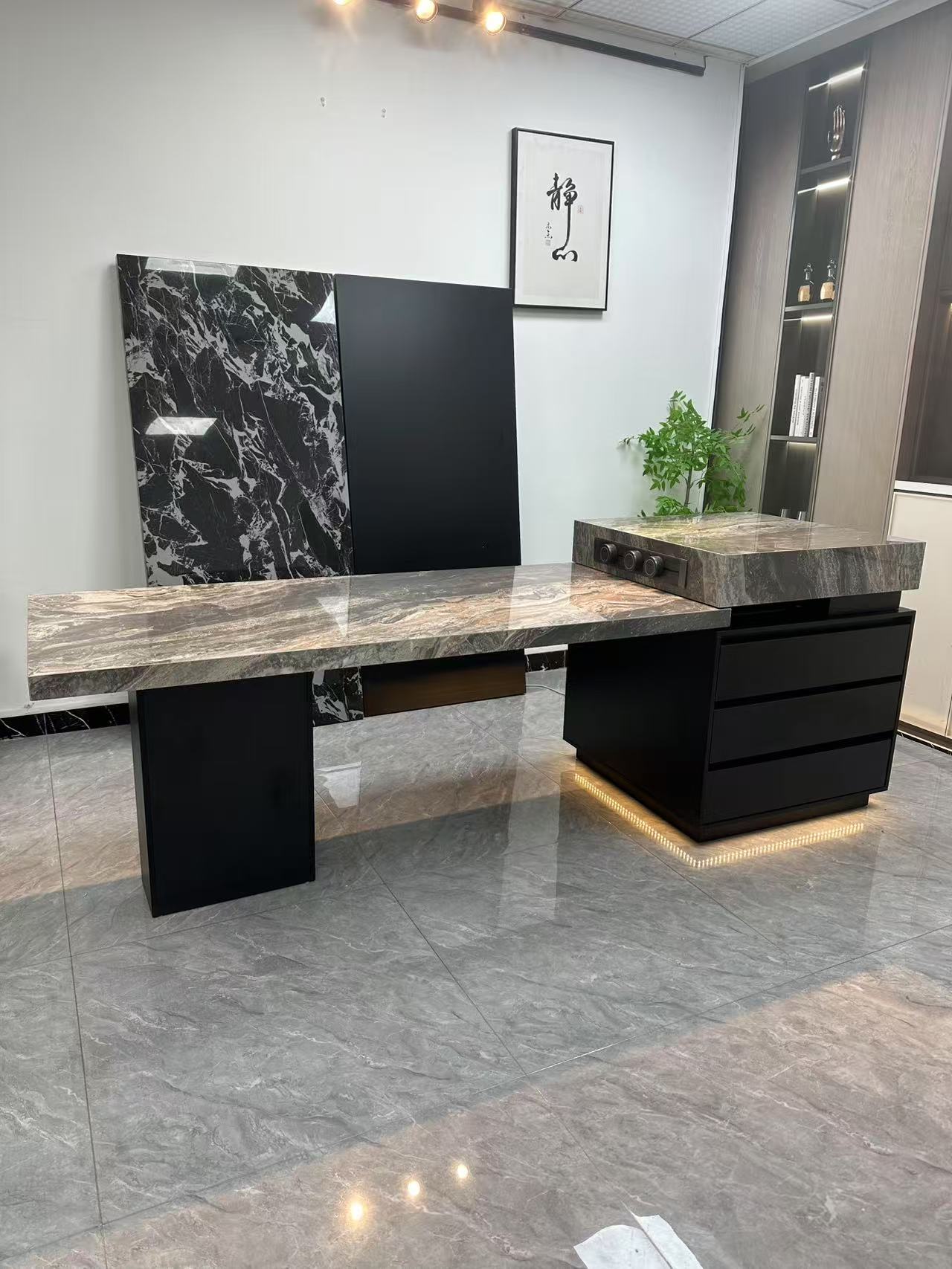 2025新款意式轻奢极简客厅岛台餐桌黑胡桃木纹伸缩意式多功能桌椅