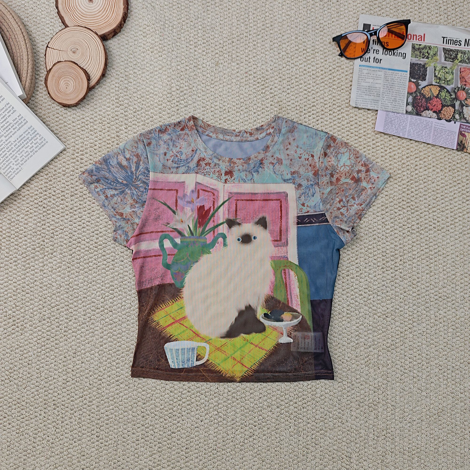 2025夏季新款修身百搭网纱镂空网眼卡通印花短袖T恤3376