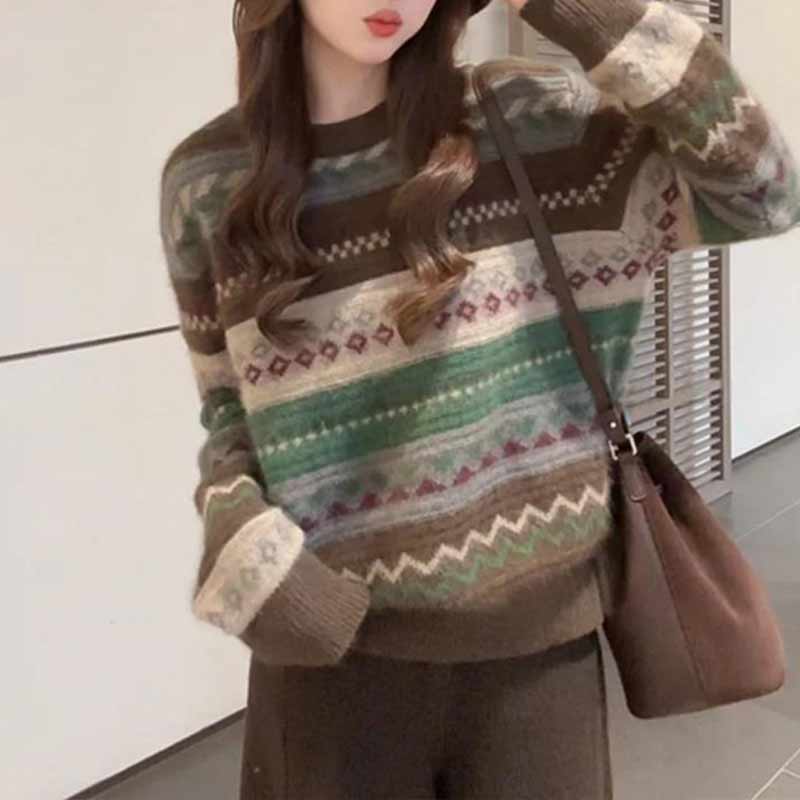 【圣诞氛围感】时尚慵懒感宽松套头衫舒适软糯图形撞色条纹毛衣