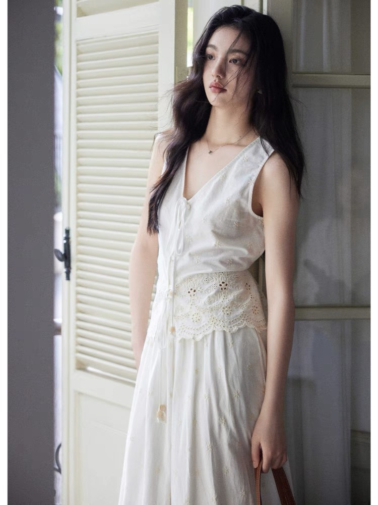 【花栖】度假风全棉白色套装女重工绣花无袖上衣半身长裙