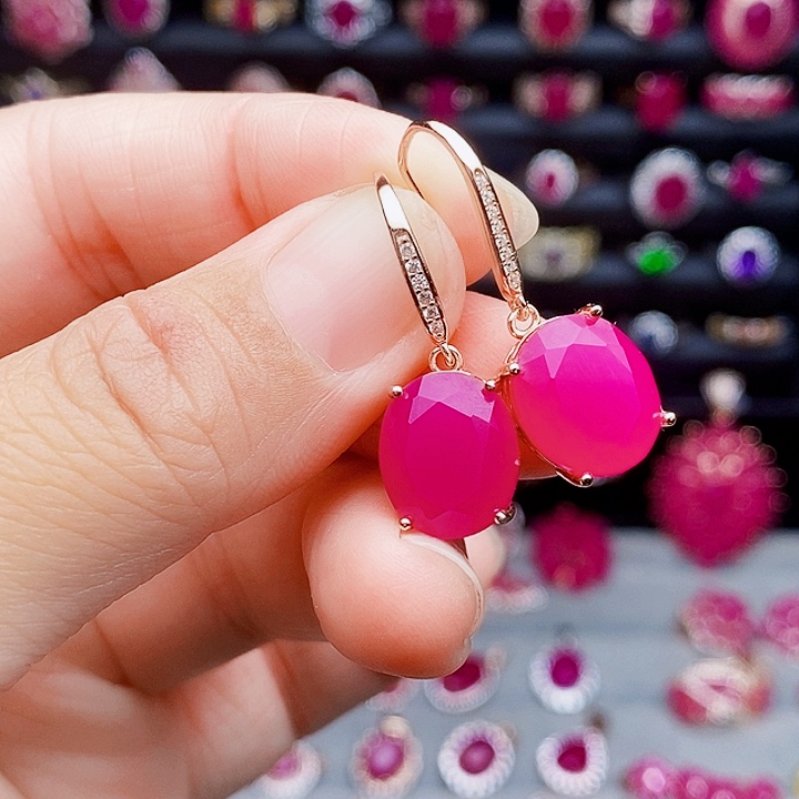 红宝石耳饰银S925镶嵌