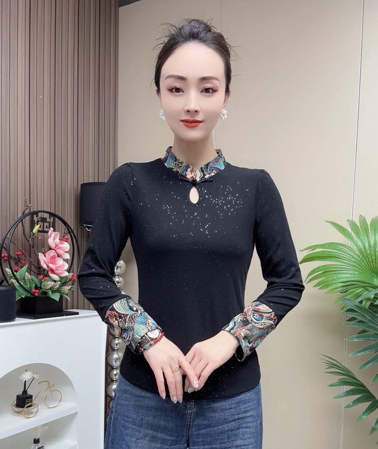 5110亮闪闪新中式国风打底衫春夏时尚复古盘扣拼接上衣