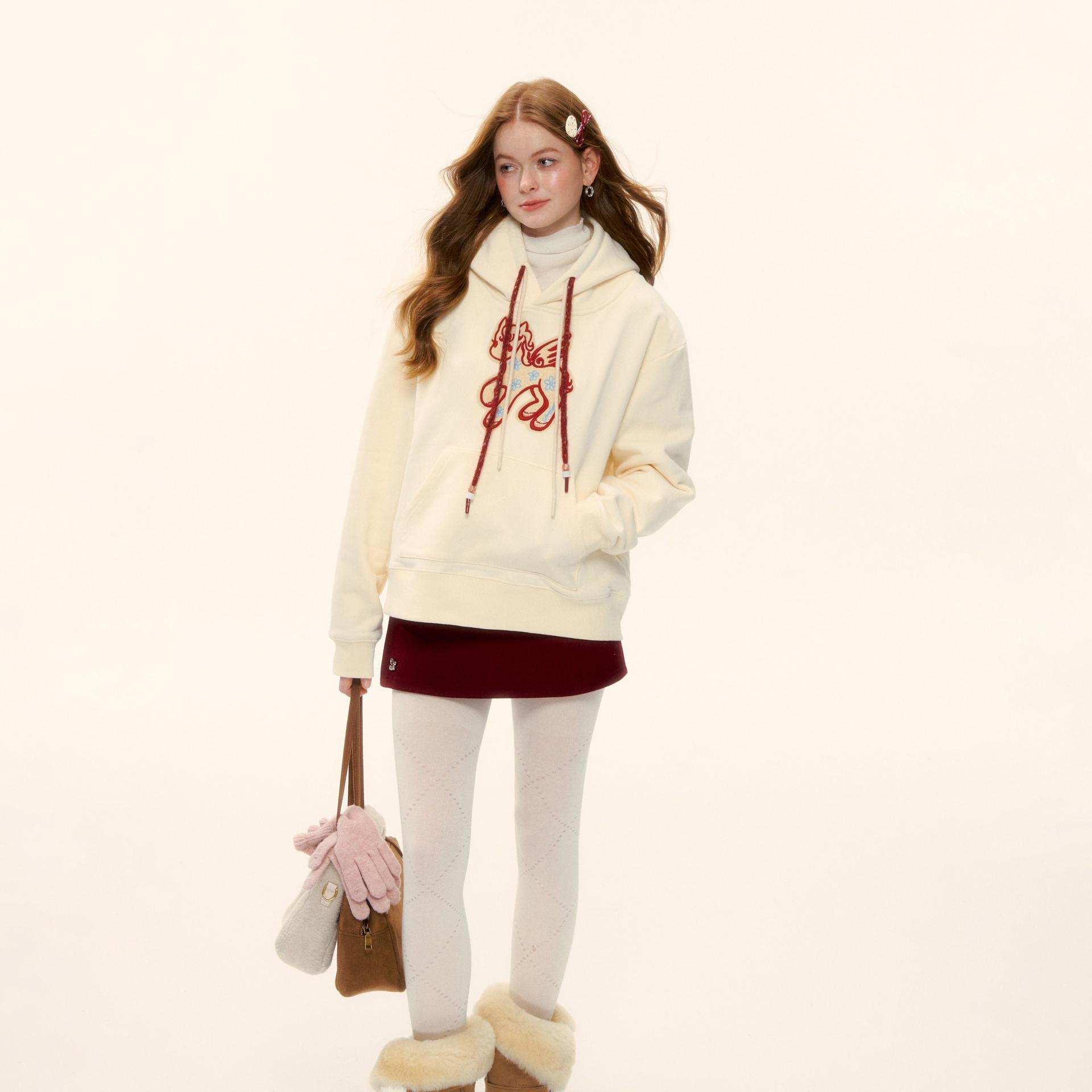 马上有钱花加绒刺绣连帽卫衣