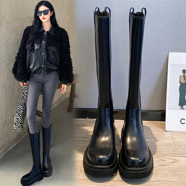 长筒靴女2025新款秋冬季加绒显瘦大尺码骑行靴厚底小个子高筒马丁