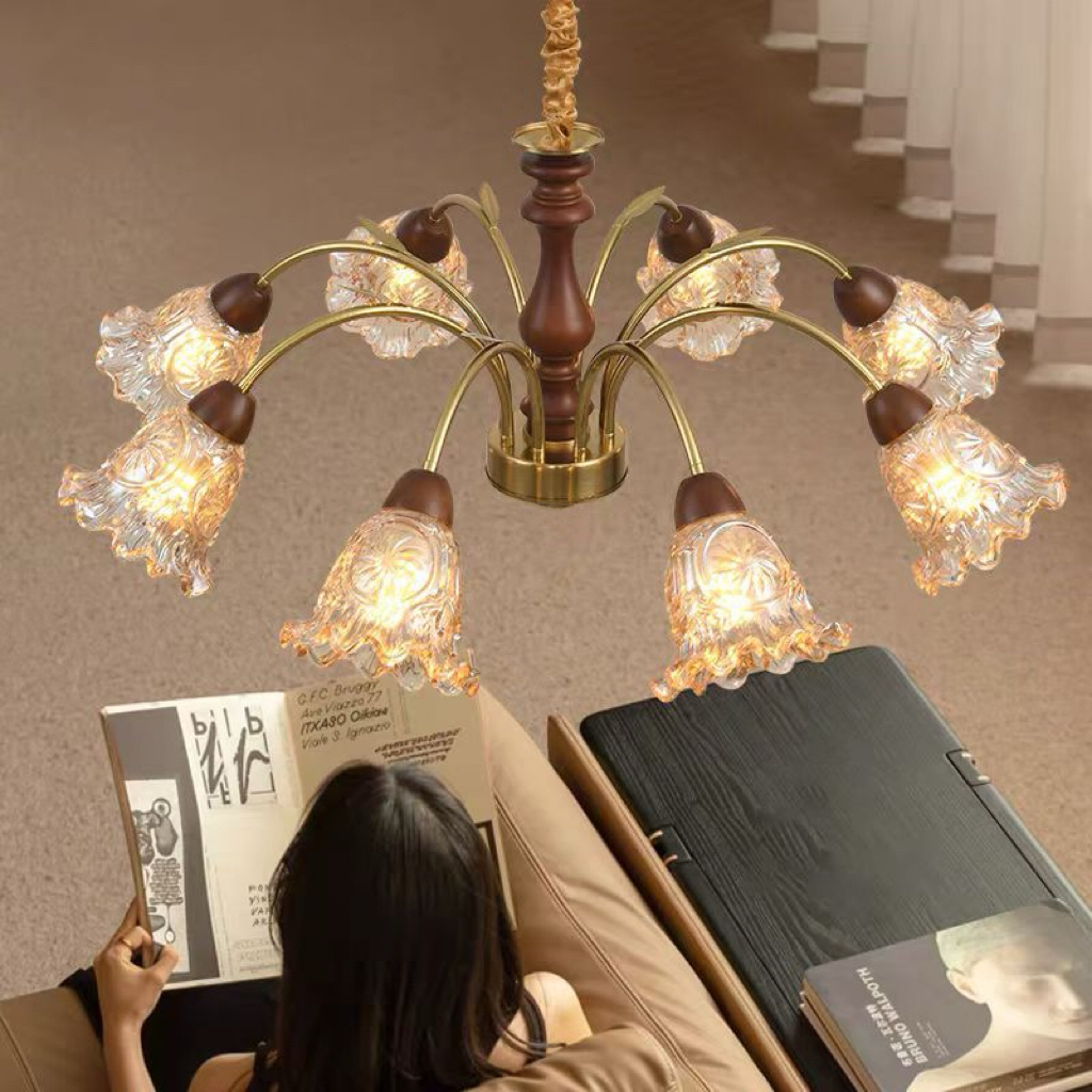 法式复古美式风客厅吊灯胡桃木色中古高级设计师客厅餐厅卧室灯