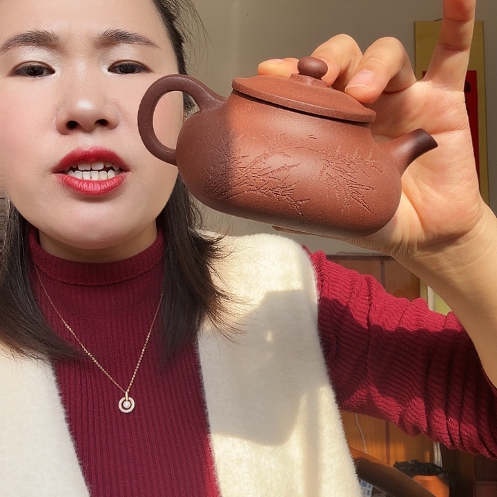 紫砂茶壶紫泥刻绘方器200cc