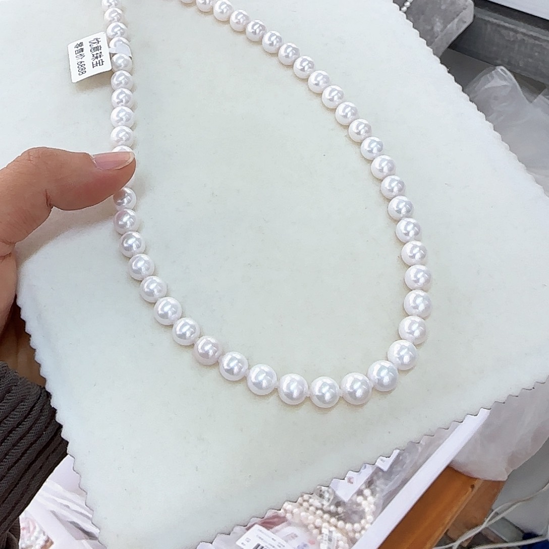 淡水珍珠颈饰银S925镶嵌8-9无核极光镜面正圆无暇