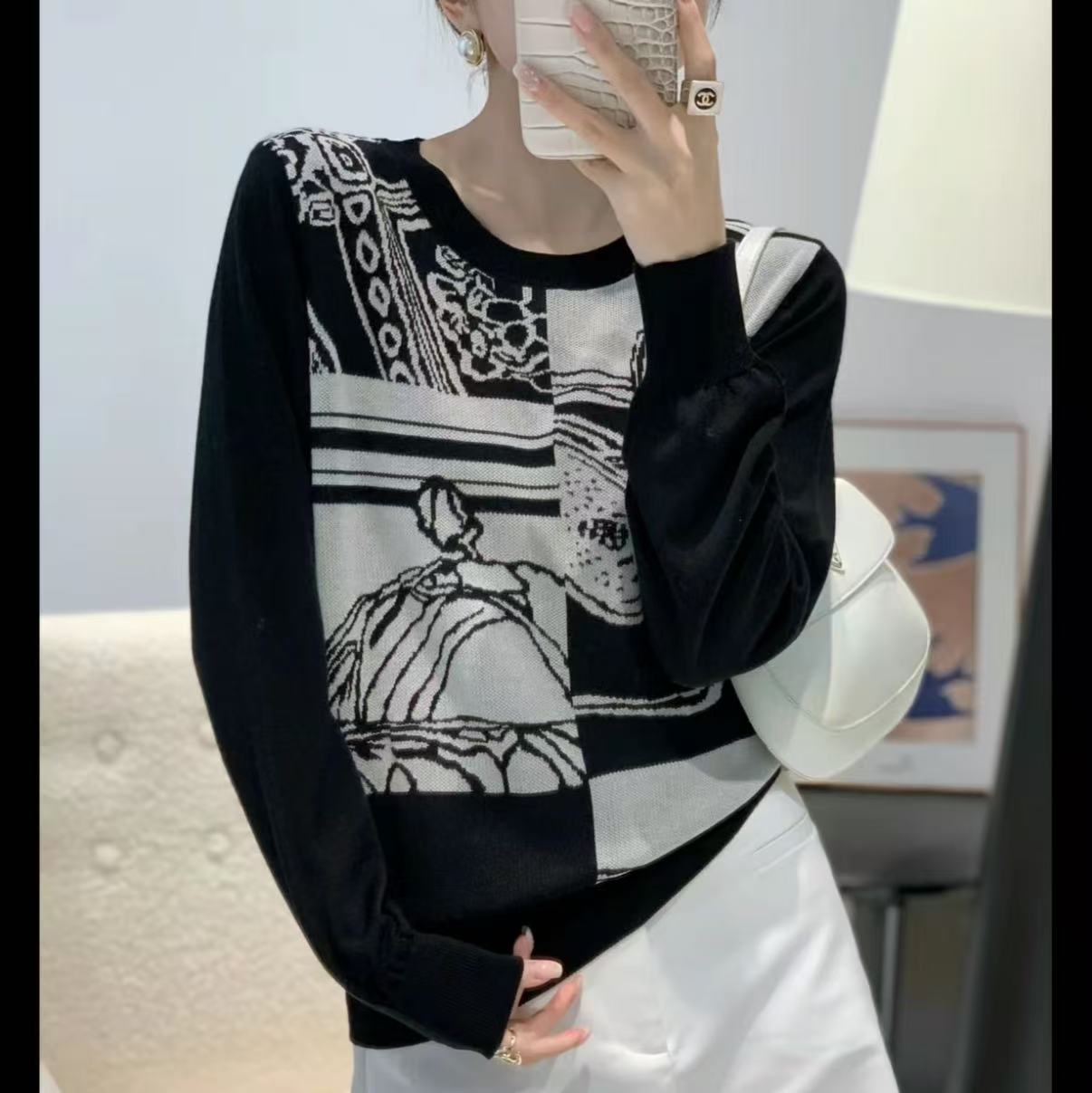 圆领民族风长袖常规针织毛针织衫秋冬百搭拼接衫