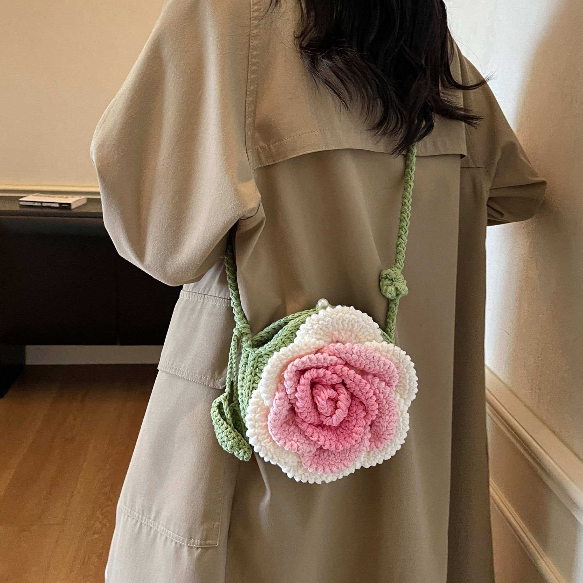 成品】纯手工钩织山茶花手机包毛线编织大花朵单肩斜挎包包