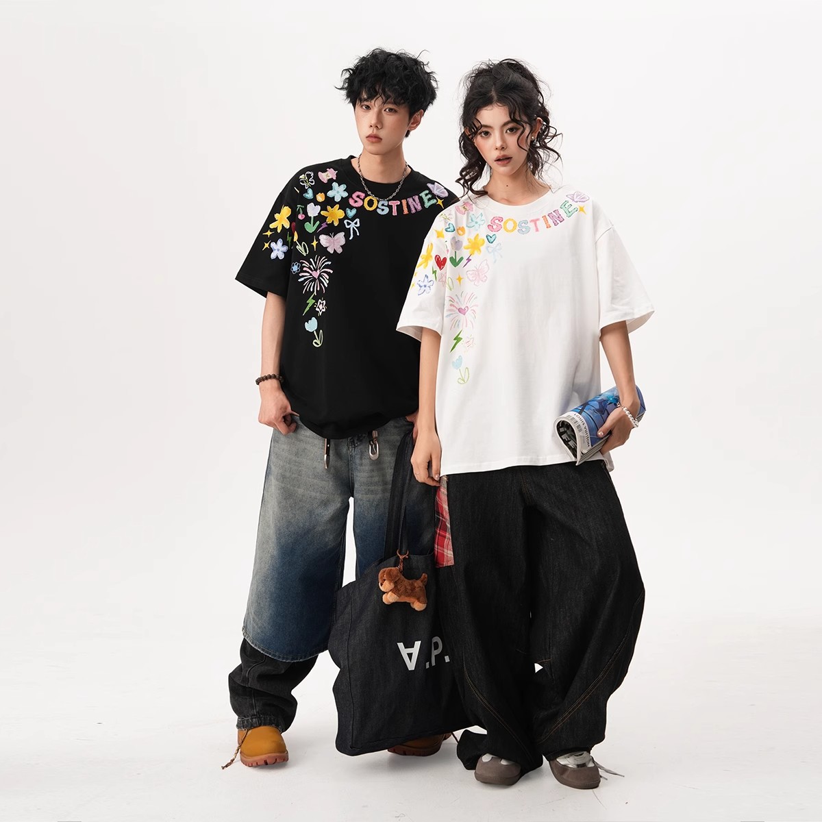 美式创意卡通涂鸦印花短袖t恤男女夏季潮设计感情侣上衣