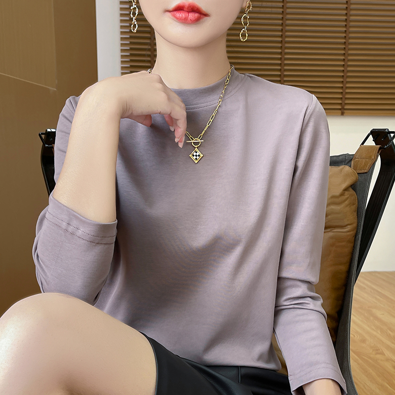 新款小半高领领纯棉长袖时尚百搭显瘦打底T恤纯色长袖女修身
