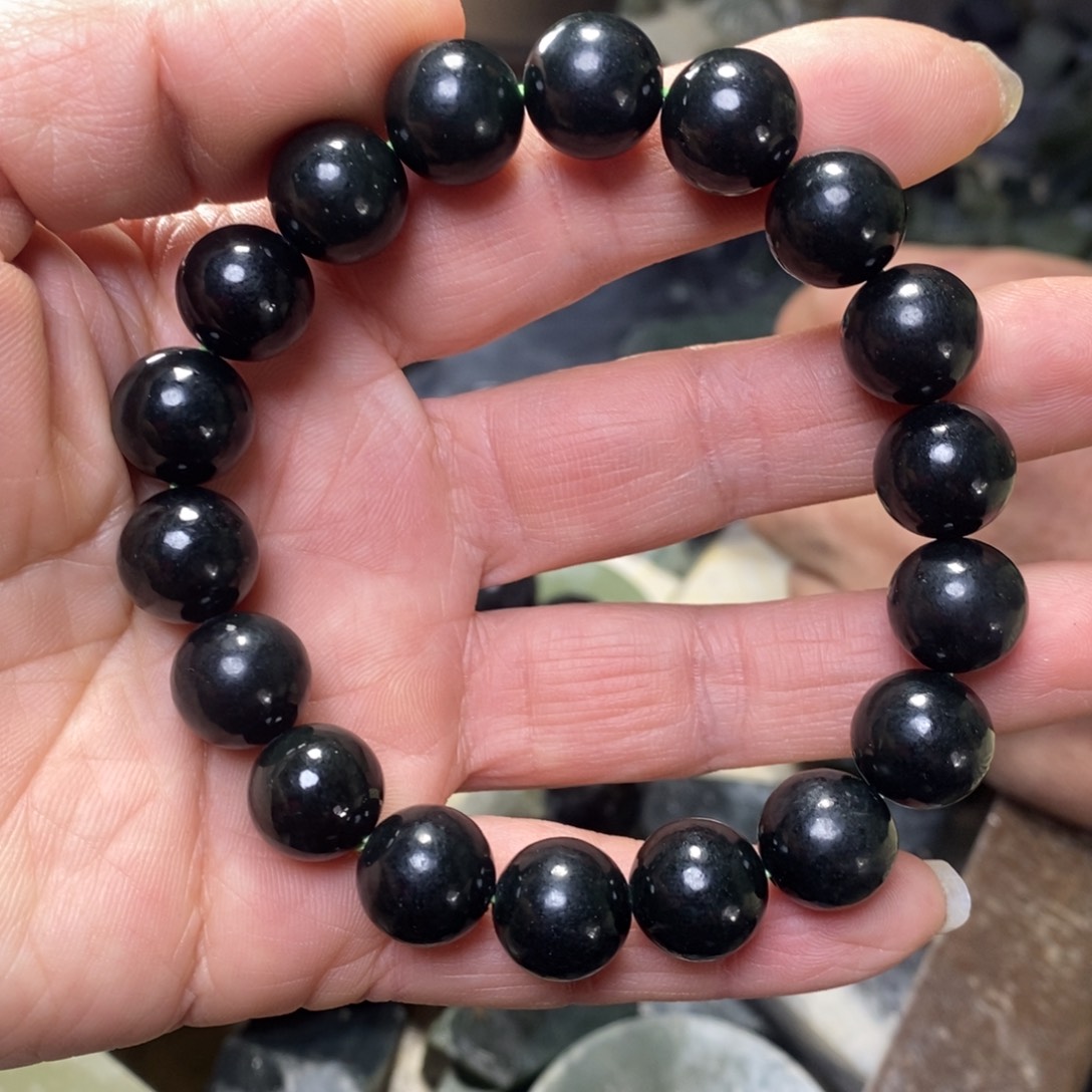 随***缘和田玉未镶嵌手链新疆和田黑青玉卡12圆珠手串