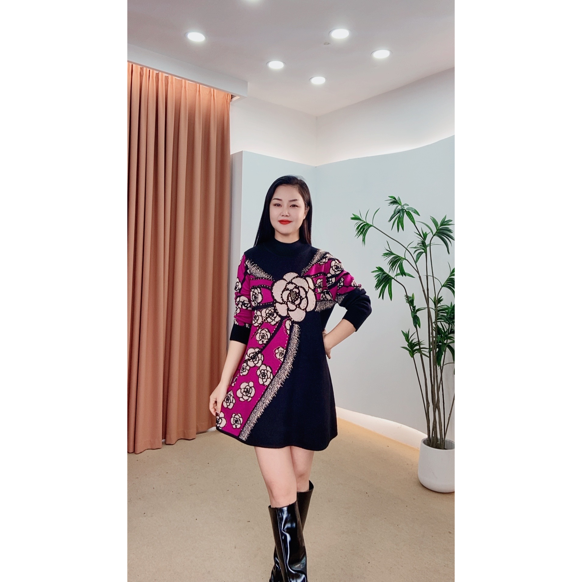 286针织时尚女士网红秋冬提花百搭休闲打底加厚女装连衣裙印花