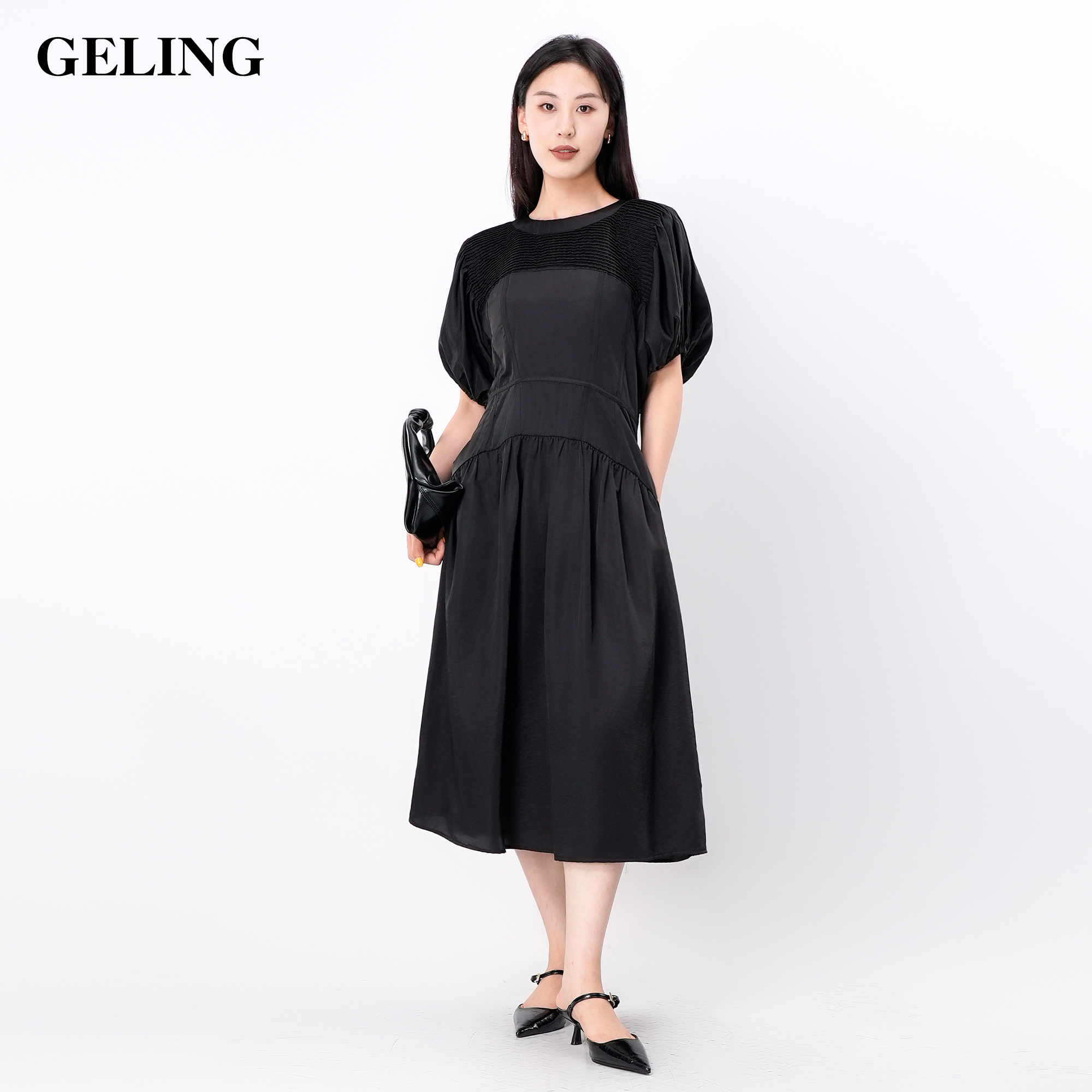 GELING/歌&玲气质夏季显瘦圆领牙签褶分割连衣裙收腰G503W277L