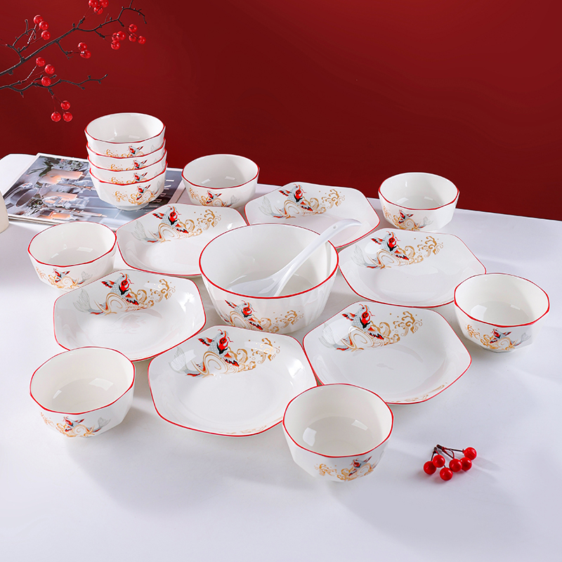 句途18件年年有余碗盘套装六角盘家用新年喜庆餐具套装