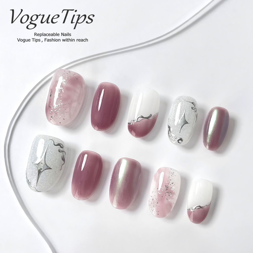 VogueTips 紫雾星芒穿戴甲ins风高品质显白全手工美甲片短圆ZB654