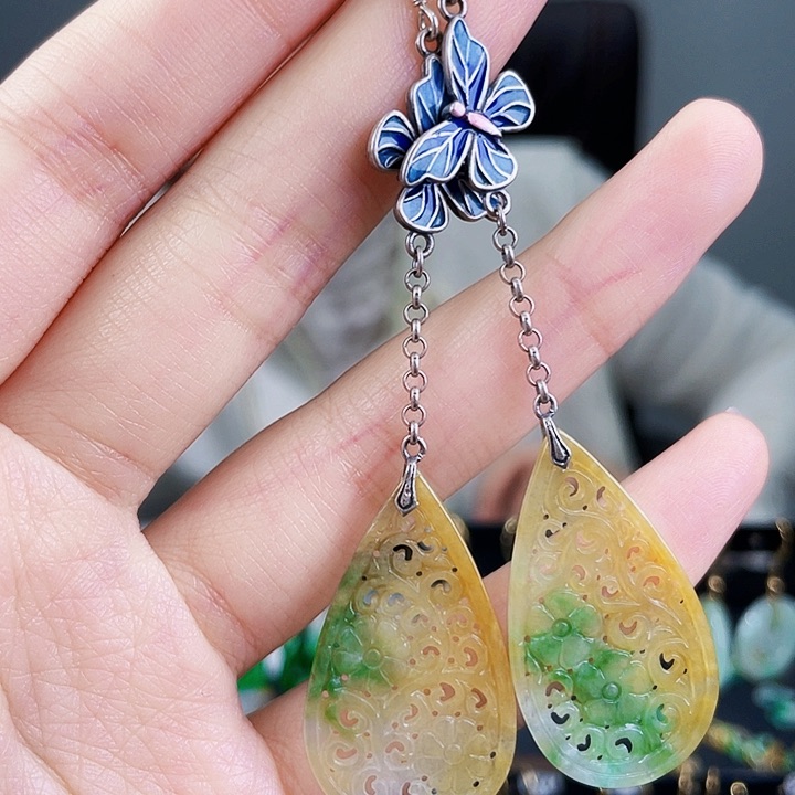 翡翠耳饰银S925镶嵌饰品